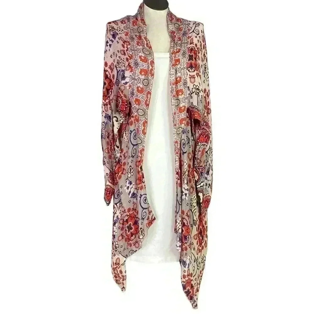 Free People Little Wing Duster Kimono Cream Red Blue Print One Size Boho